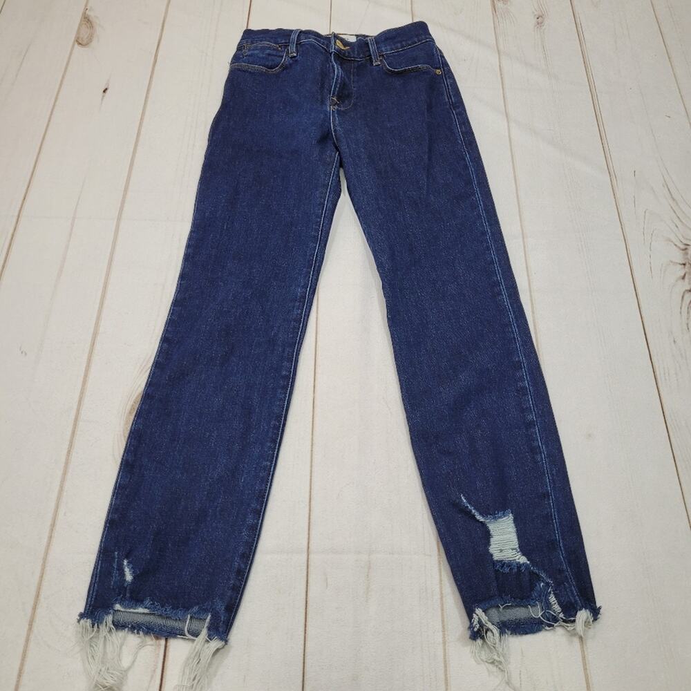 Frame Le High straight high rise dark wash jeans ripped chew hem